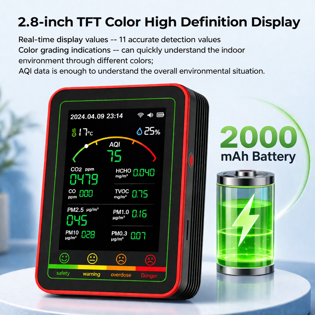 Air Quality Monitor, AQI Monitor, Smart Air Quality Monitor, Indoor Air Quality Monitor,  Air Pollution Detector, CO2 Monitor, PM2.5 Monitor, Air Quality Meter